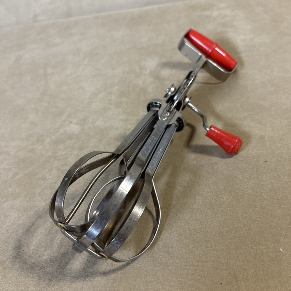 Blue Whirl Hand Crank Handheld Mixer, Stainless Steel, Red/Silver 13 in